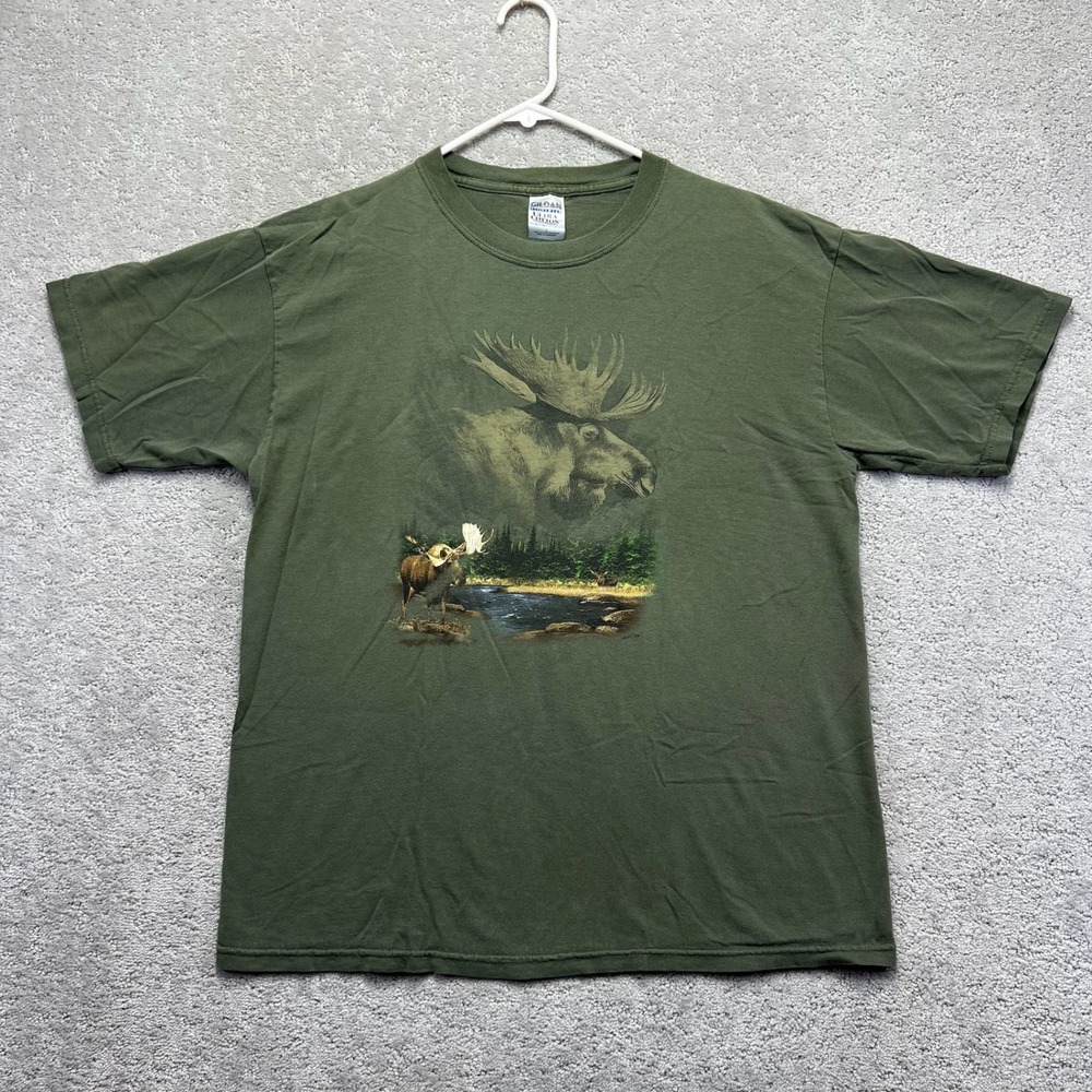 VINTAGE Gildan T-Shirt Mens Large Green Moose Graphic Ultra Cotton Nature Tee